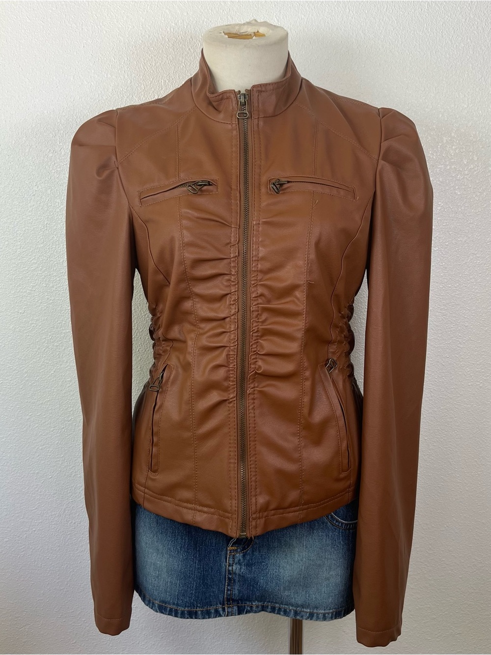Women's Brown Faux Leather Zip-Up Moto Jacket